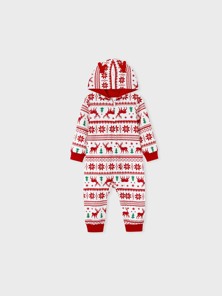 Christmas Matching Family Pajamas Set 3D Reindeer Hooded Allover Snowflake and Reindeer Print Red and White Onesie PJS with Christmas Socks Red+White
