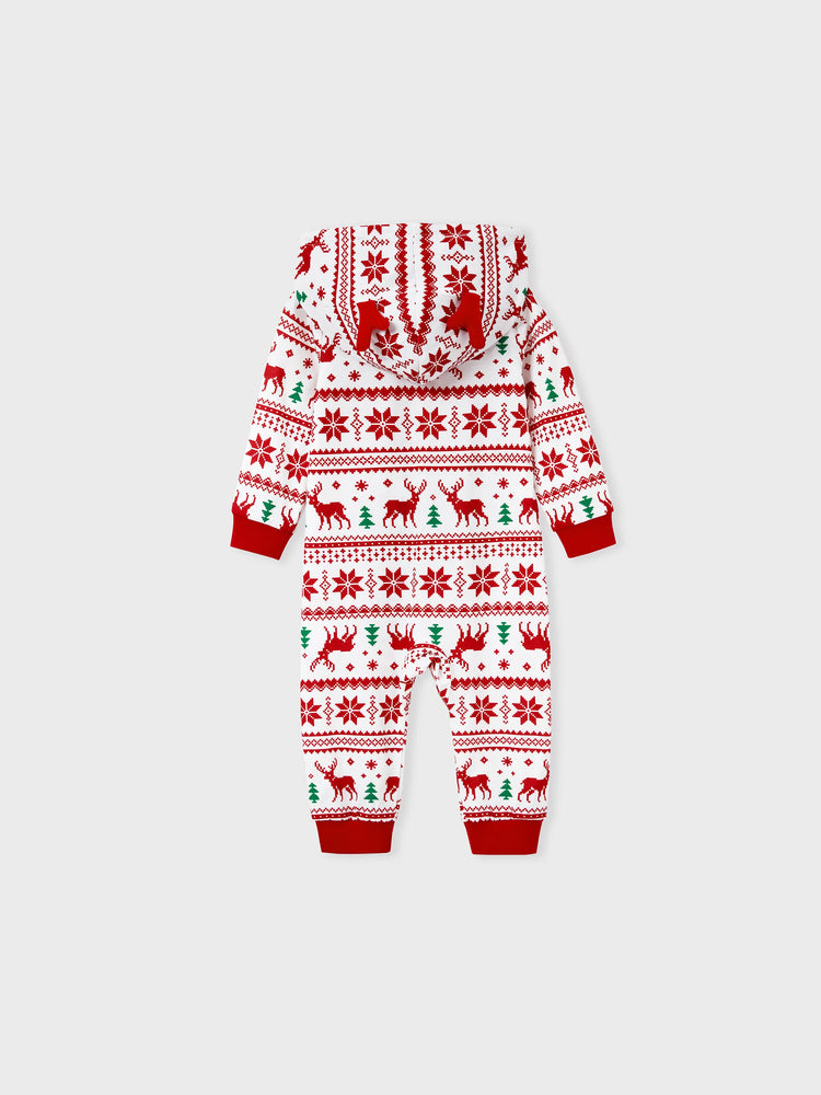 Christmas Matching Family Pajamas Set 3D Reindeer Hooded Allover Snowflake and Reindeer Print Red and White Onesie PJS with Christmas Socks Red+White