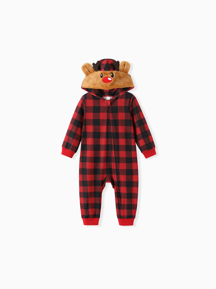 Christmas Matching Family Pajamas Set 3D Reindeer Hooded Allover Plaid Print Red Onesie PJS with Christmas Socks Red