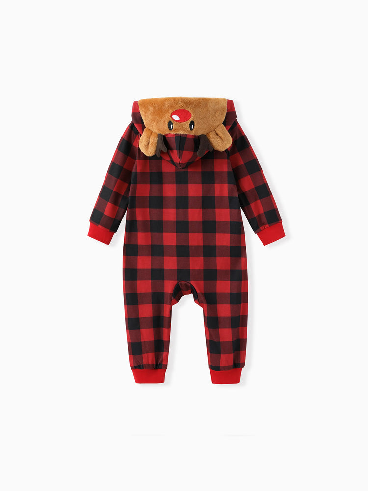 Christmas Matching Family Pajamas Set 3D Reindeer Hooded Allover Plaid Print Red Onesie PJS with Christmas Socks Red