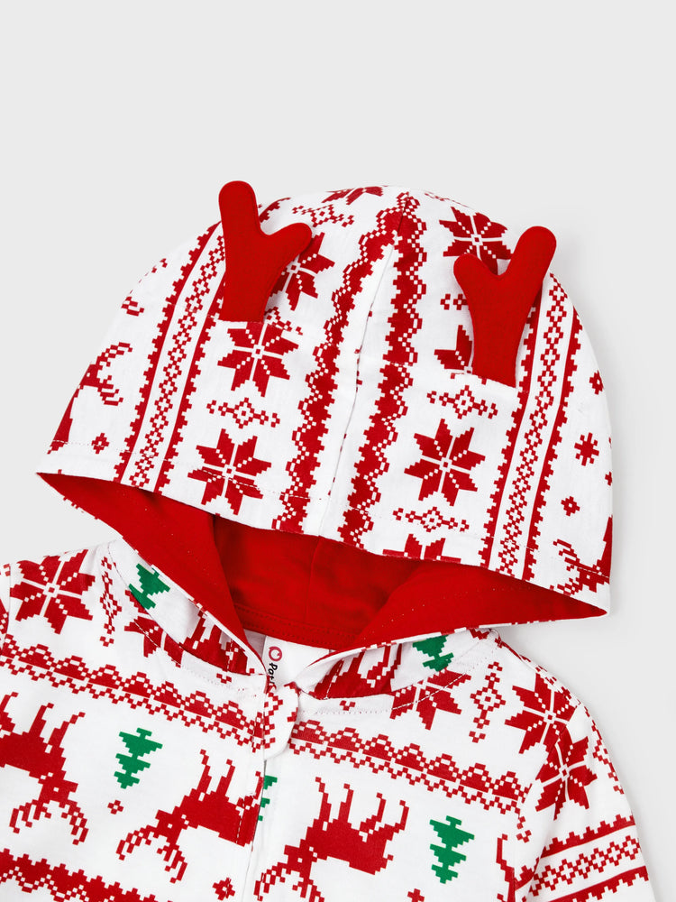 Christmas Matching Family Pajamas Set 3D Reindeer Hooded Allover Snowflake and Reindeer Print Red and White Onesie PJS with Christmas Socks Red+White