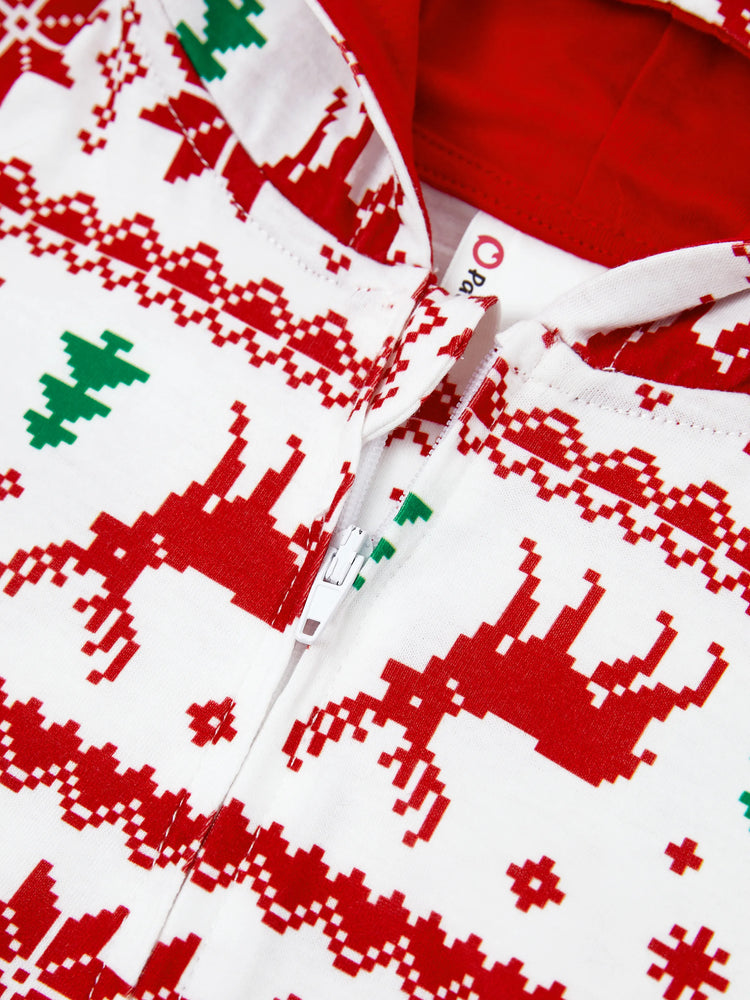 Christmas Matching Family Pajamas Set 3D Reindeer Hooded Allover Snowflake and Reindeer Print Red and White Onesie PJS with Christmas Socks Red+White