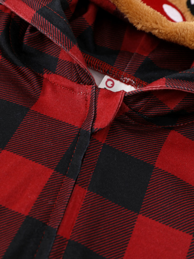 Christmas Matching Family Pajamas Set 3D Reindeer Hooded Allover Plaid Print Red Onesie PJS with Christmas Socks Red