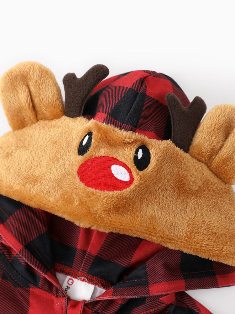 Christmas Matching Family Pajamas Set 3D Reindeer Hooded Allover Plaid Print Red Onesie PJS with Christmas Socks Red