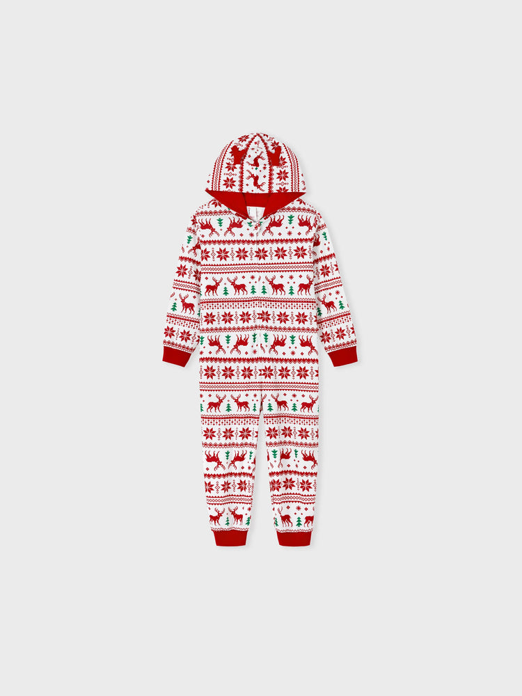 Christmas Matching Family Pajamas Set 3D Reindeer Hooded Allover Snowflake and Reindeer Print Red and White Onesie PJS with Christmas Socks Red+White