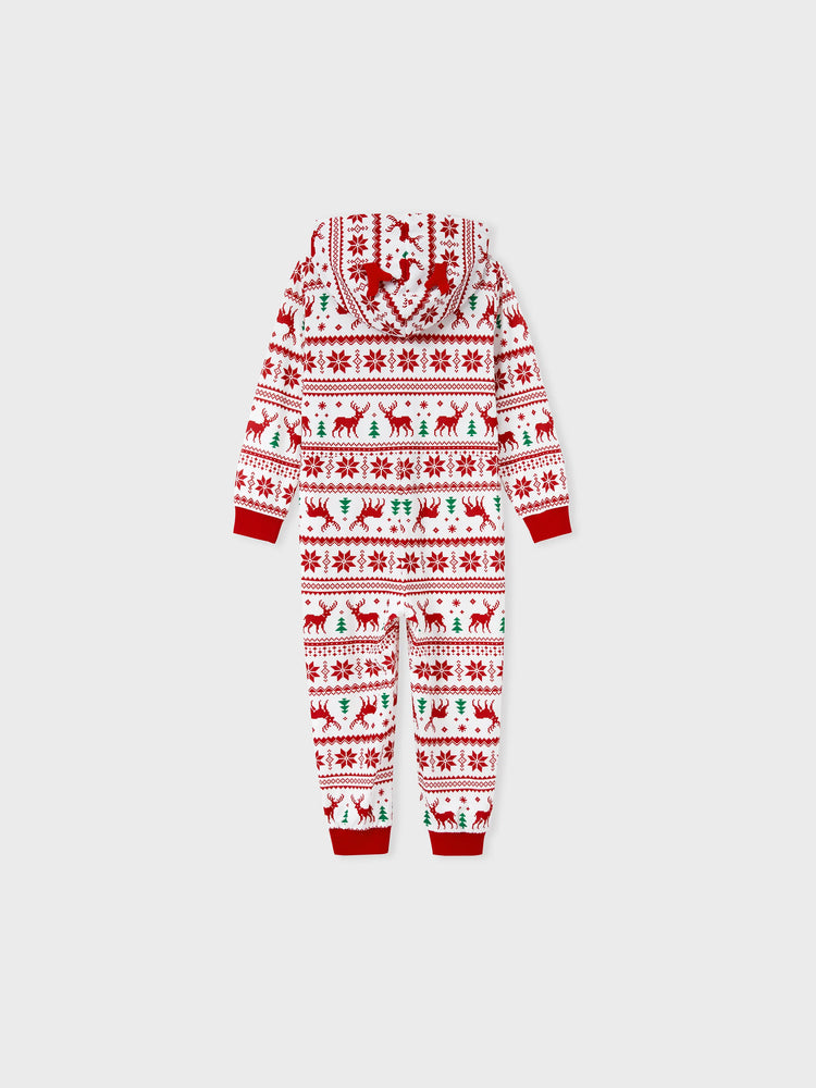 Christmas Matching Family Pajamas Set 3D Reindeer Hooded Allover Snowflake and Reindeer Print Red and White Onesie PJS with Christmas Socks Red+White