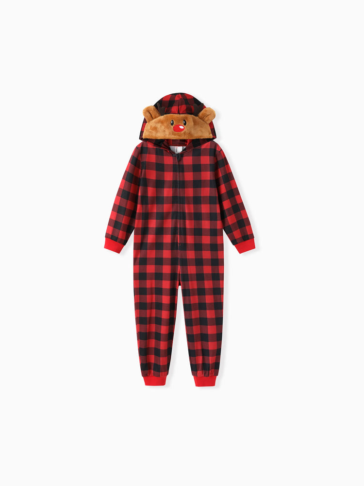 Christmas Matching Family Pajamas Set 3D Reindeer Hooded Allover Plaid Print Red Onesie PJS with Christmas Socks Red