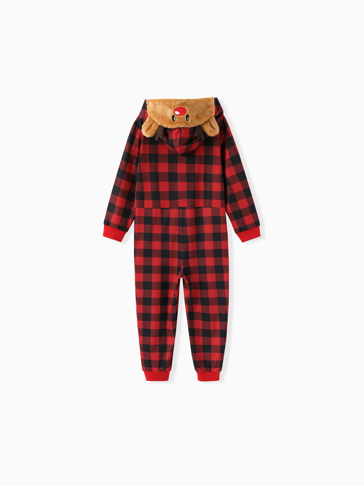 Christmas Matching Family Pajamas Set 3D Reindeer Hooded Allover Plaid Print Red Onesie PJS with Christmas Socks Red
