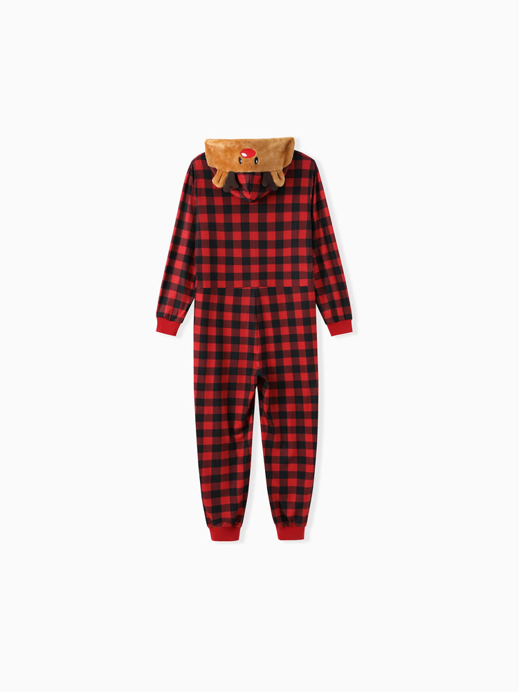Christmas Matching Family Pajamas Set 3D Reindeer Hooded Allover Plaid Print Red Onesie PJS with Christmas Socks Red