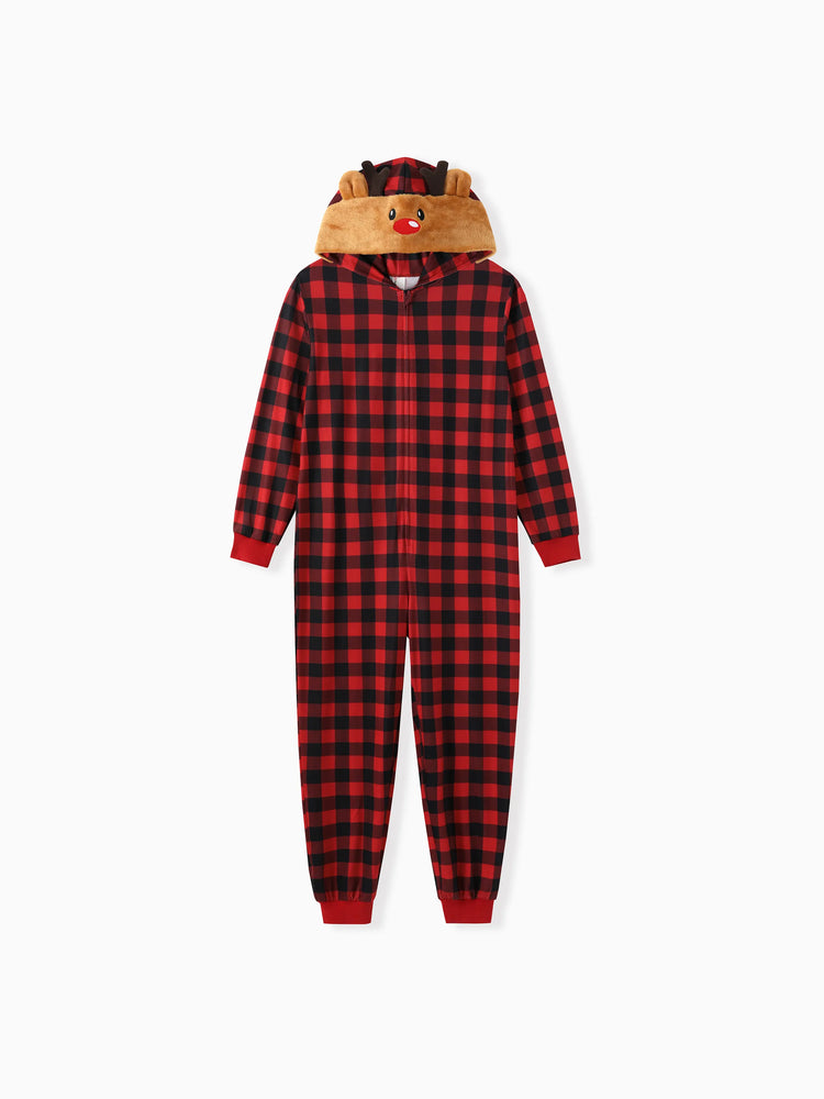 Christmas Matching Family Pajamas Set 3D Reindeer Hooded Allover Plaid Print Red Onesie PJS with Christmas Socks Red