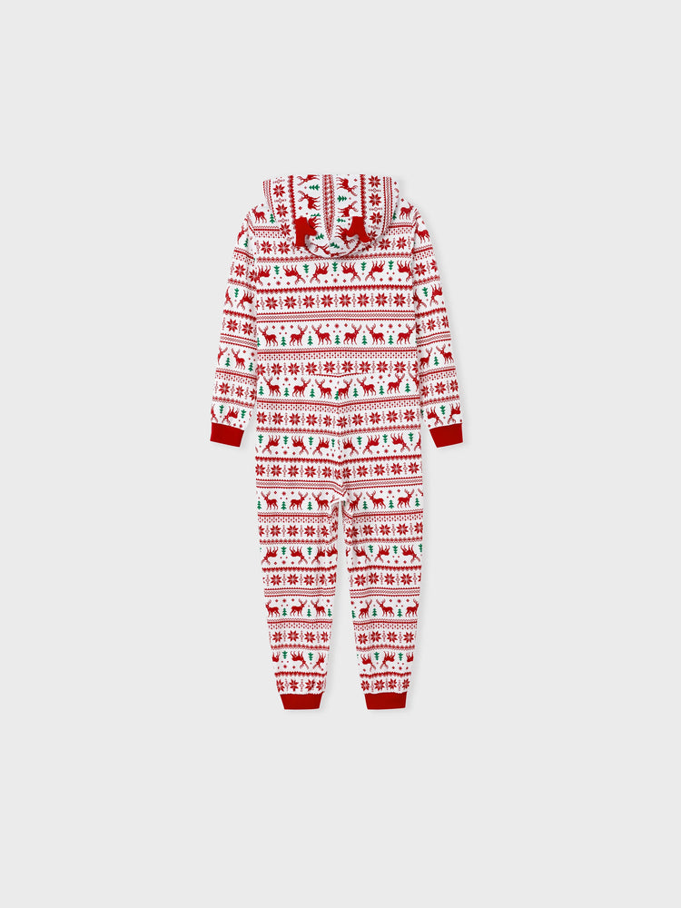 Christmas Matching Family Pajamas Set 3D Reindeer Hooded Allover Snowflake and Reindeer Print Red and White Onesie PJS with Christmas Socks Red+White