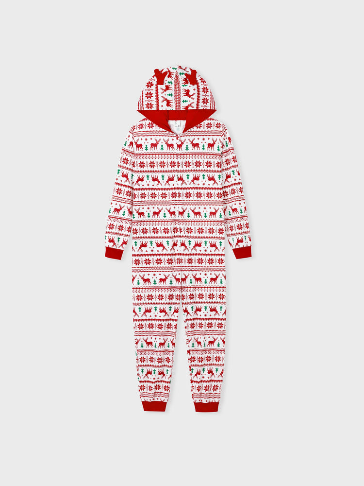 Christmas Matching Family Pajamas Set 3D Reindeer Hooded Allover Snowflake and Reindeer Print Red and White Onesie PJS with Christmas Socks Red+White