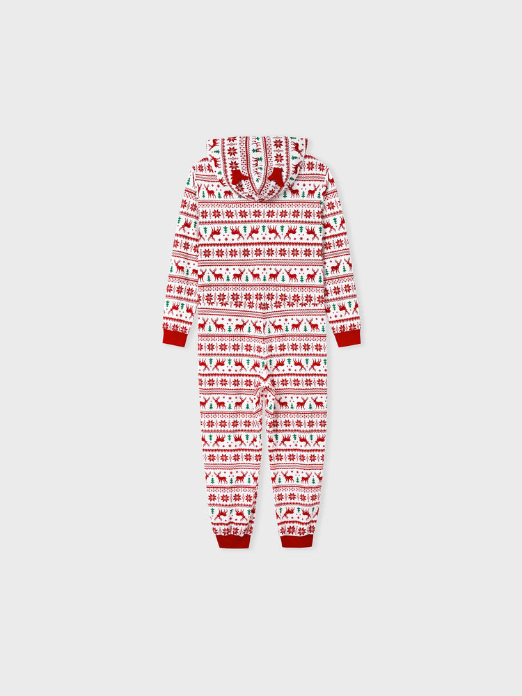 Christmas Matching Family Pajamas Set 3D Reindeer Hooded Allover Snowflake and Reindeer Print Red and White Onesie PJS with Christmas Socks Red+White