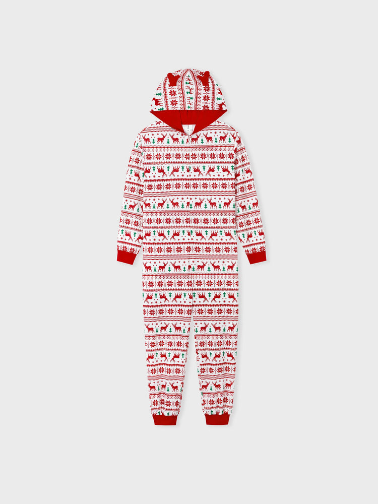 Christmas Matching Family Pajamas Set 3D Reindeer Hooded Allover Snowflake and Reindeer Print Red and White Onesie PJS with Christmas Socks Red+White