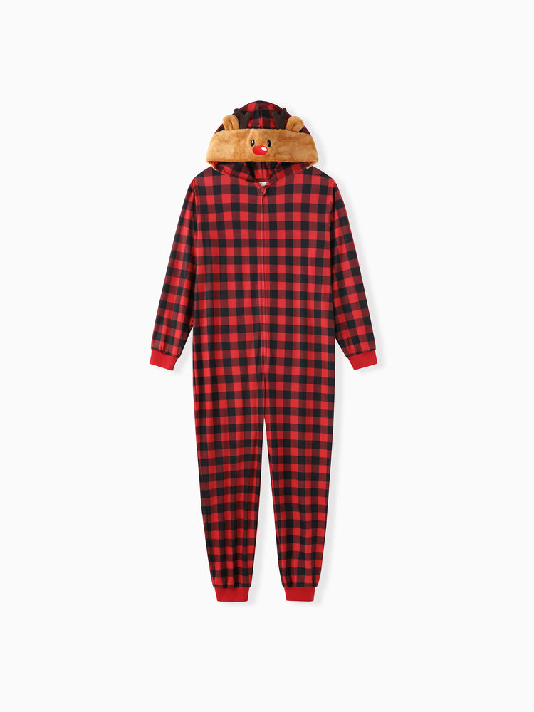 Christmas Matching Family Pajamas Set 3D Reindeer Hooded Allover Plaid Print Red Onesie PJS with Christmas Socks Red