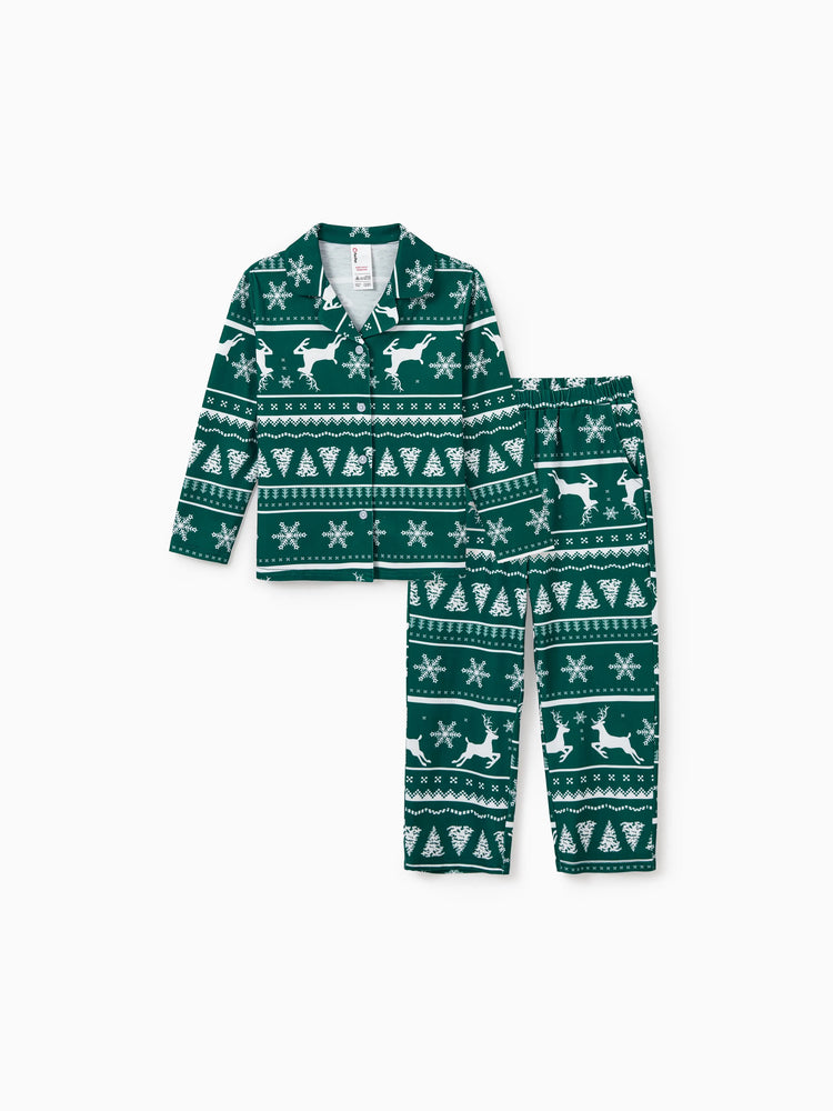 Christmas Matching Family Pajamas Set Allover Reindeer and Snowflake Print Long-sleeve Collared PJS with Christmas Socks Dark Green