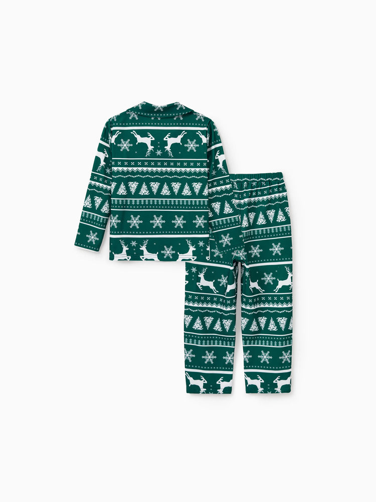 Christmas Matching Family Pajamas Set Allover Reindeer and Snowflake Print Long-sleeve Collared PJS with Christmas Socks Dark Green