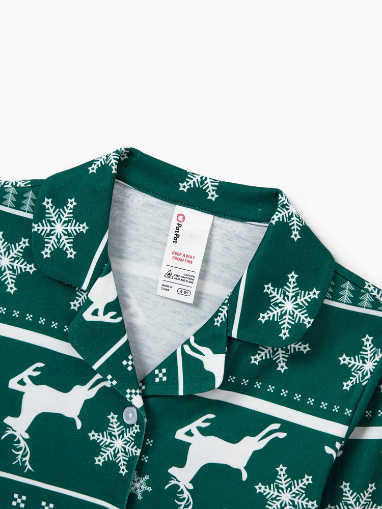 Christmas Matching Family Pajamas Set Allover Reindeer and Snowflake Print Long-sleeve Collared PJS with Christmas Socks Dark Green