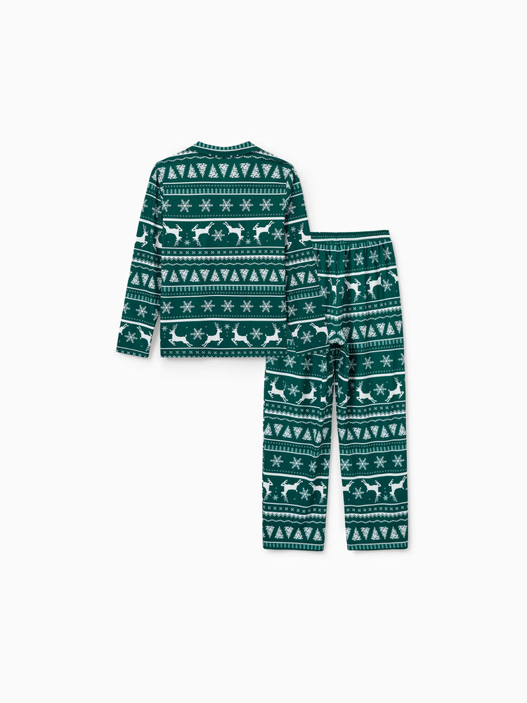 Christmas Matching Family Pajamas Set Allover Reindeer and Snowflake Print Long-sleeve Collared PJS with Christmas Socks Dark Green