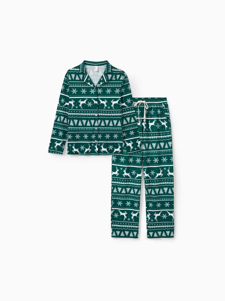 Christmas Matching Family Pajamas Set Allover Reindeer and Snowflake Print Long-sleeve Collared PJS with Christmas Socks Dark Green
