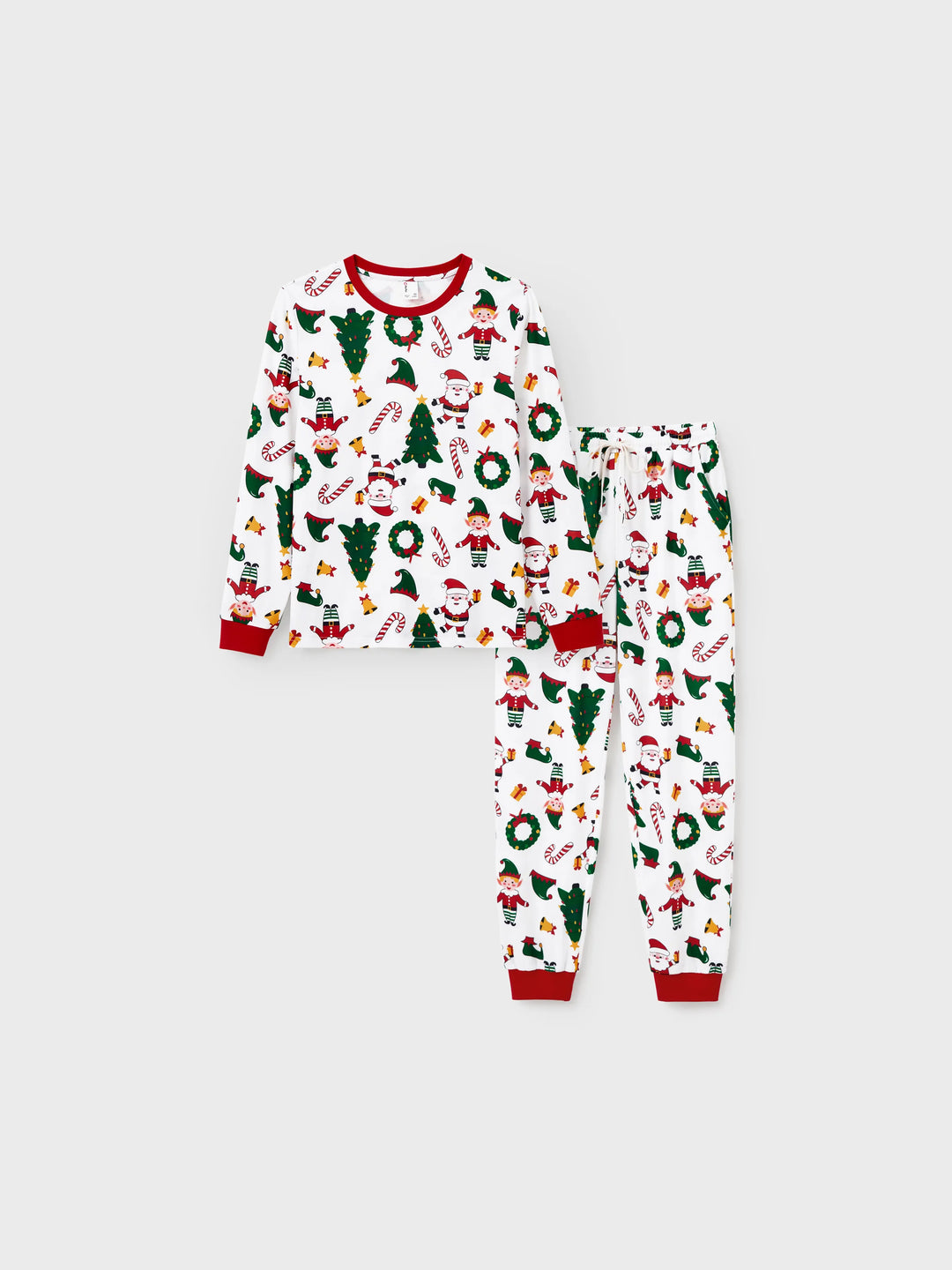 Conjunto de pijama familiar navideño a juego, con estampado de Papá Noel y árbol de Navidad, de manga larga y calcetines navideños, color blanco