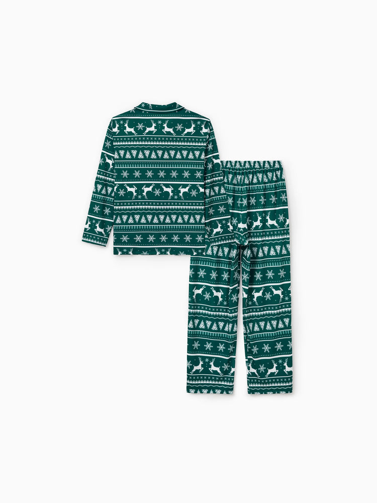 Christmas Matching Family Pajamas Set Allover Reindeer and Snowflake Print Long-sleeve Collared PJS with Christmas Socks Dark Green