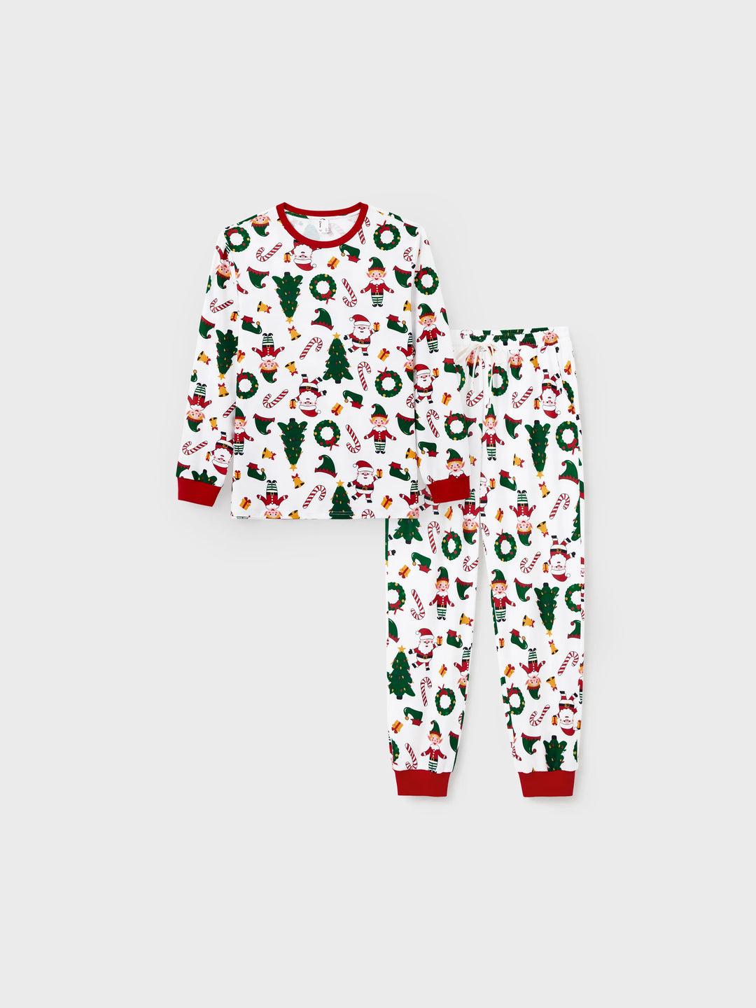 Conjunto de pijama familiar navideño a juego, con estampado de Papá Noel y árbol de Navidad, de manga larga y calcetines navideños, color blanco
