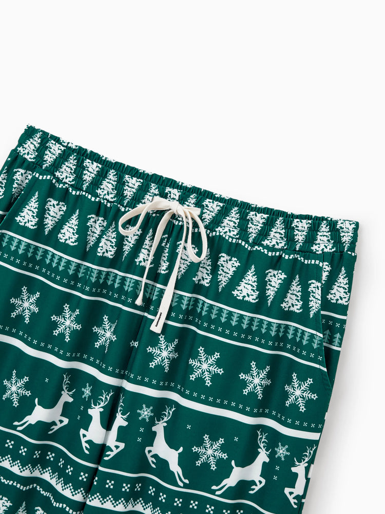 Christmas Matching Family Pajamas Set Allover Reindeer and Snowflake Print Long-sleeve Collared PJS with Christmas Socks Dark Green