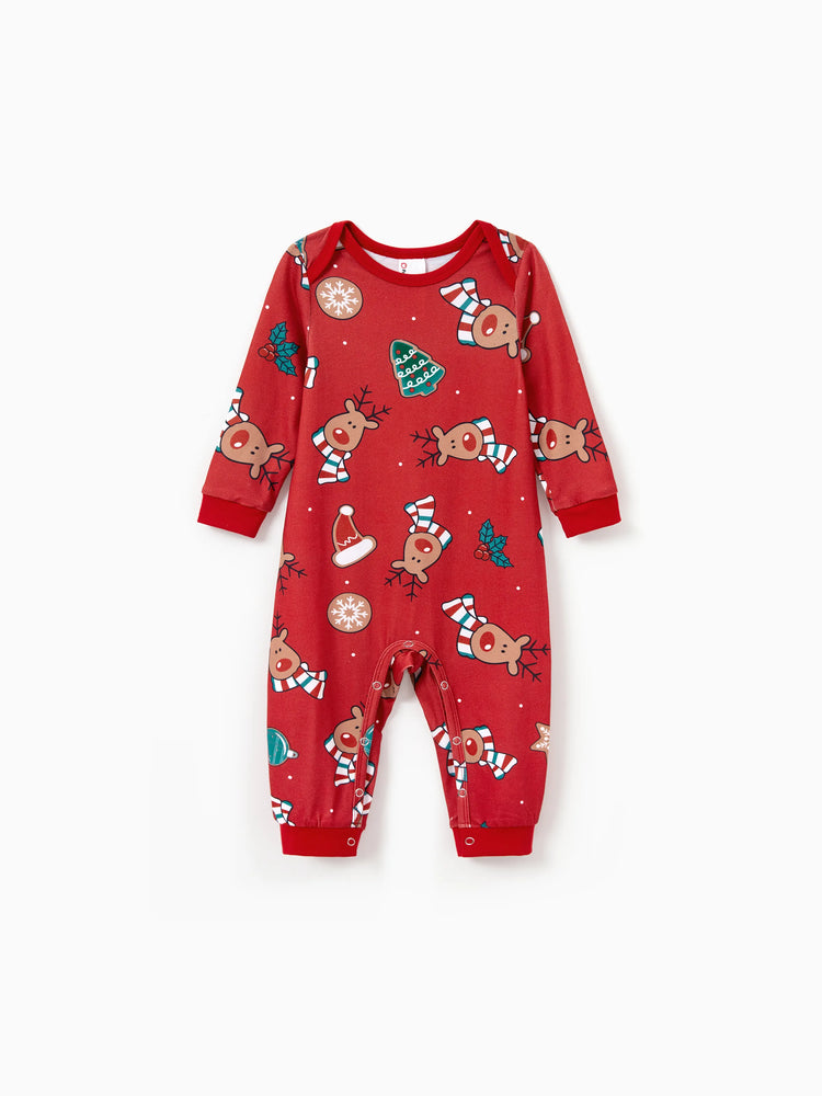 Christmas Matching Family Pajamas Set Cute Reindeer Print Long-sleeve Red PJS with Christmas Socks Red