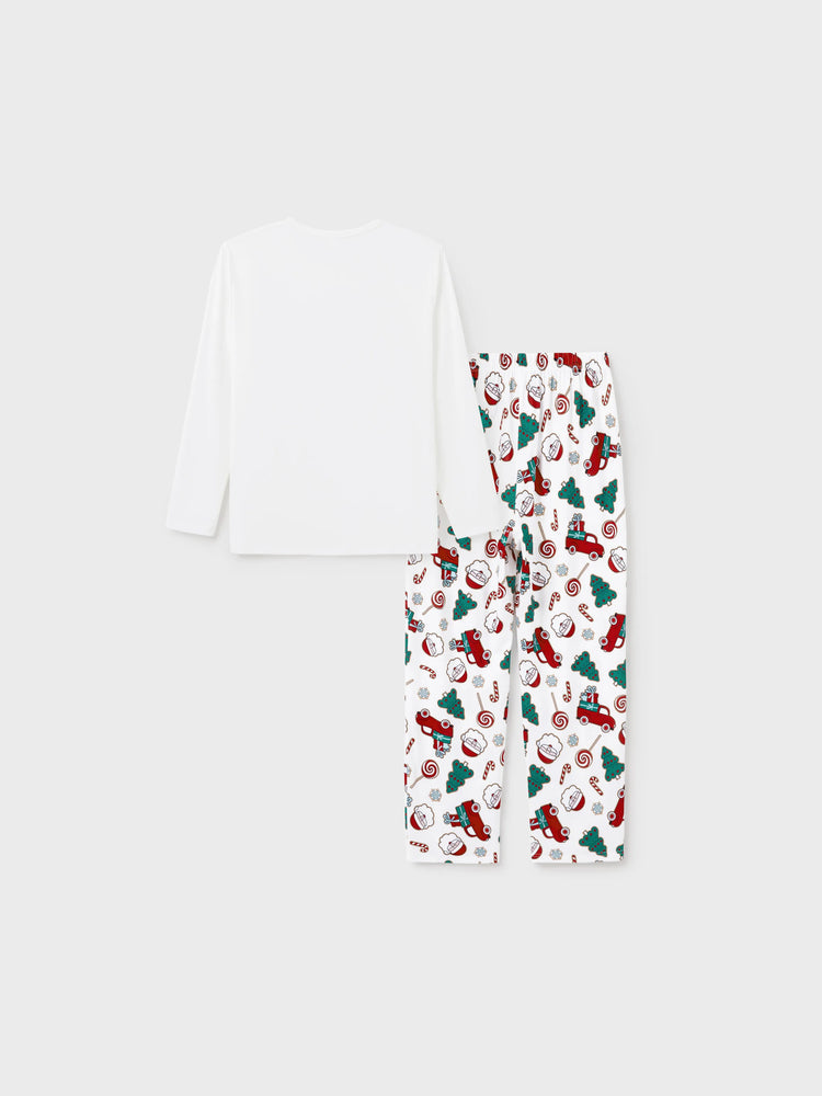 Ensemble pyjama de Noël assorti pour toute la famille, imprimé Père Noël et sapin de Noël, blanc, avec chaussettes de Noël blanches