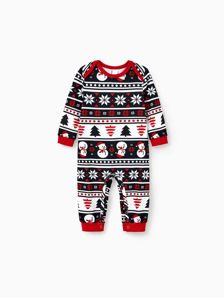 Ensemble pyjama de Noël assorti pour toute la famille, imprimé bonhomme de neige et sapin de Noël, noir, avec chaussettes de Noël noires