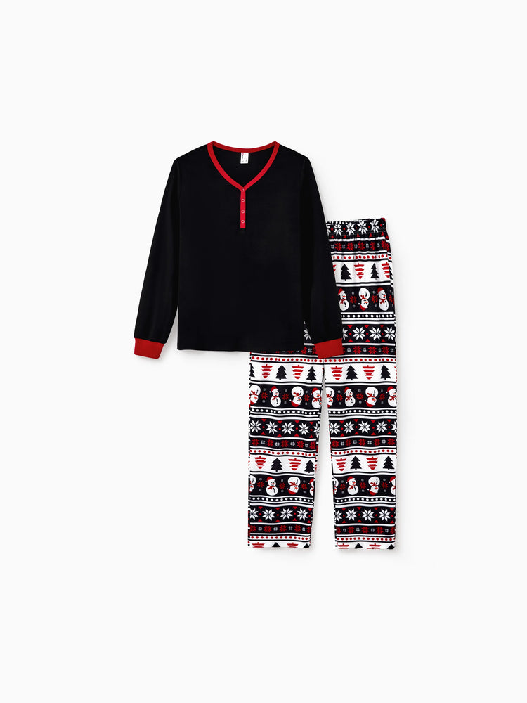 Ensemble pyjama de Noël assorti pour toute la famille, imprimé bonhomme de neige et sapin de Noël, noir, avec chaussettes de Noël noires