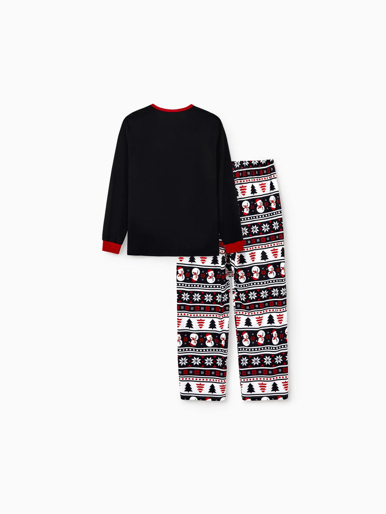 Ensemble pyjama de Noël assorti pour toute la famille, imprimé bonhomme de neige et sapin de Noël, noir, avec chaussettes de Noël noires