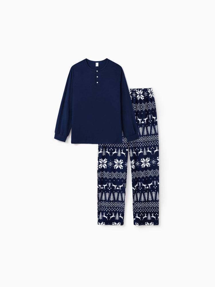 Christmas Matching Family Pajamas Set Christmas Tree and Reindeer Pattern Allover Long-sleeve Dark Blue PJS with Christmas Socks
 Deep Blue