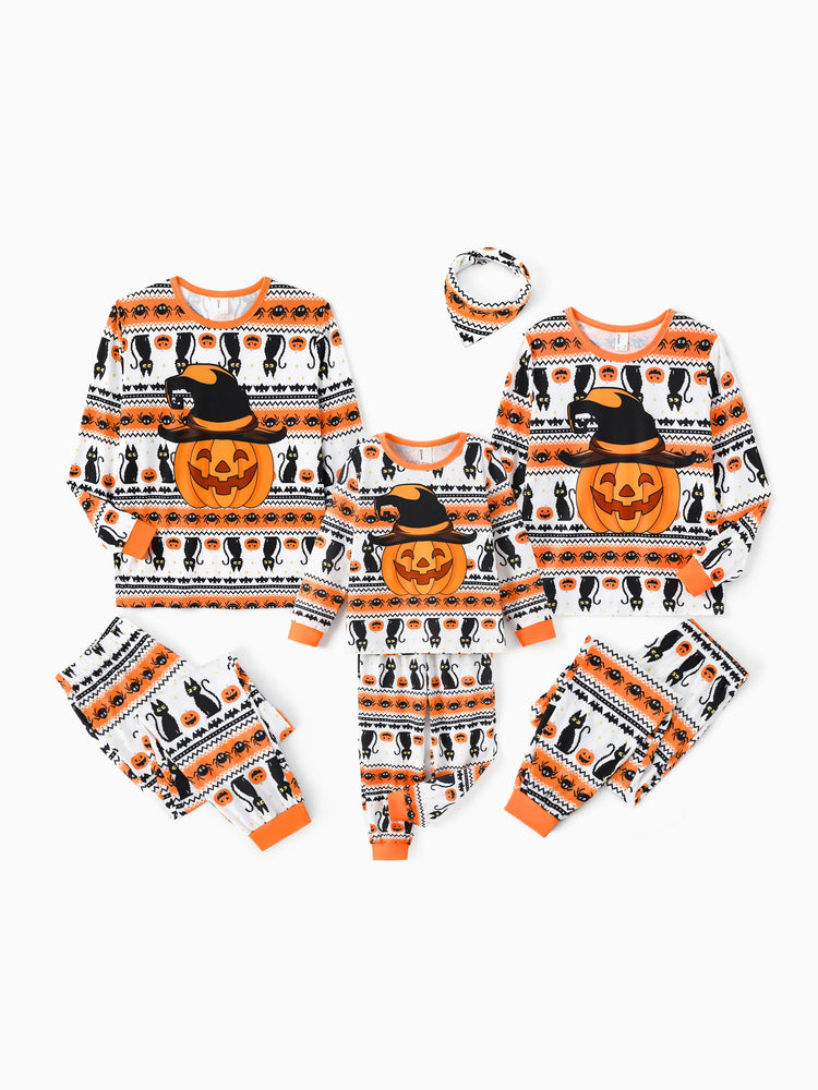 Pyjama d'Halloween Pixel-art imprimé citrouille/araignée, ensemble de pyjama familial assorti orange