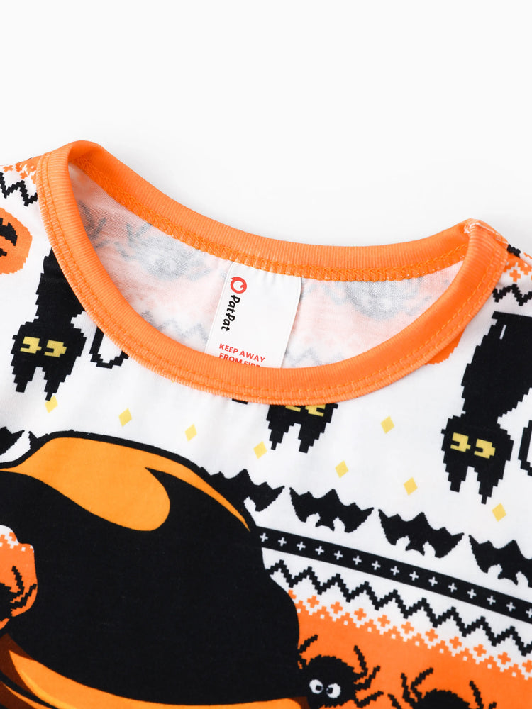 Pyjama d'Halloween Pixel-art imprimé citrouille/araignée, ensemble de pyjama familial assorti orange