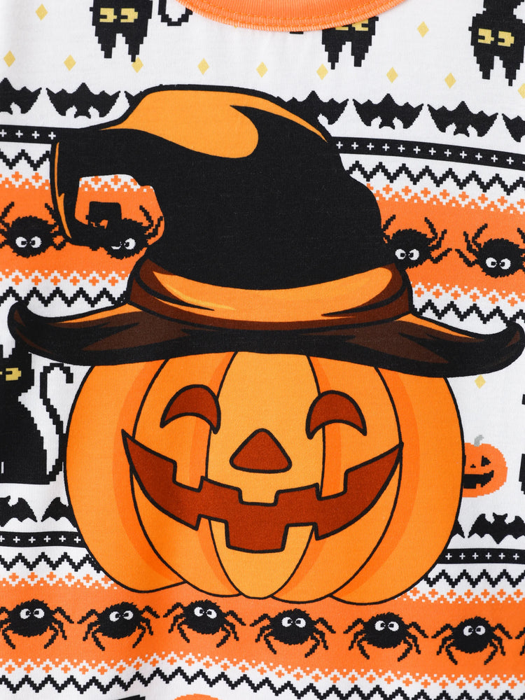 Pyjama d'Halloween Pixel-art imprimé citrouille/araignée, ensemble de pyjama familial assorti orange