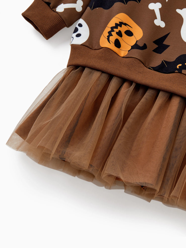 Halloween Familie Passendes Outfit Kürbis / Fledermaus Print Langarm-Top oder Tutu Kleid . braun