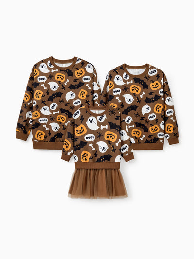 Halloween Family Matching Outfit Pumpkin / Bat Print Long-sleeve Top or Tutu Dress . Brown