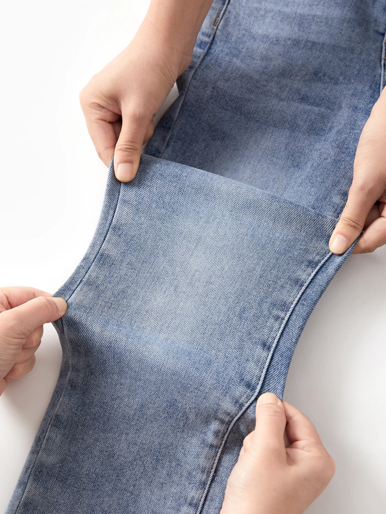 Jean décontracté en coton, couleur unie, taille élastique, doux, extensible, confortable, avec poches, bleu clair