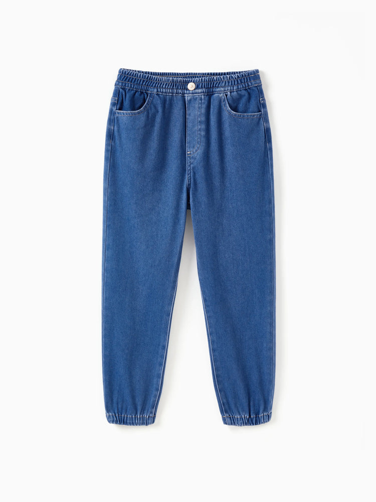 Pantalon en jean à taille élastique pour enfants, doux, extensible, confortable, avec poches, bleu