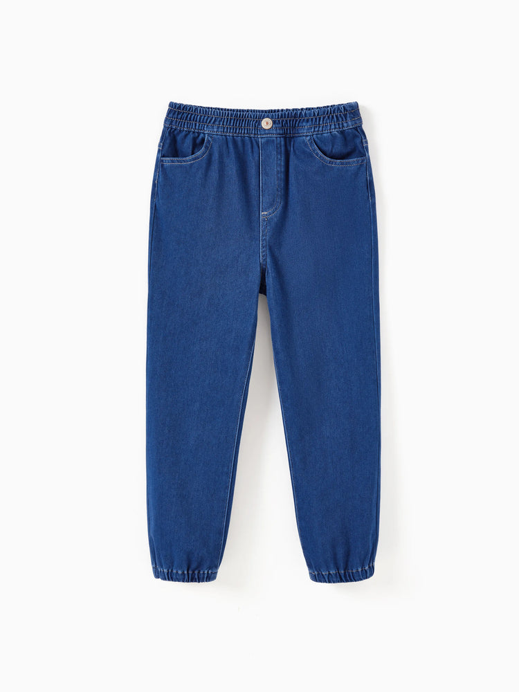 Pantalon en jean pour enfant, taille élastique, doux, extensible, confortable, avec poches, bleu foncé