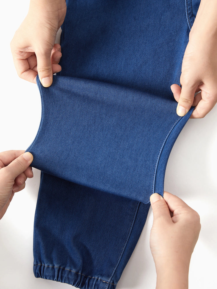 Pantalon en jean pour enfant, taille élastique, doux, extensible, confortable, avec poches, bleu foncé