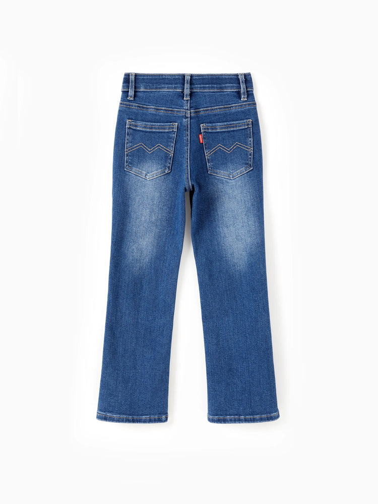Jean en denim à taille élastique pour enfant, pantalon extensible et confortable au quotidien avec poches, bleu