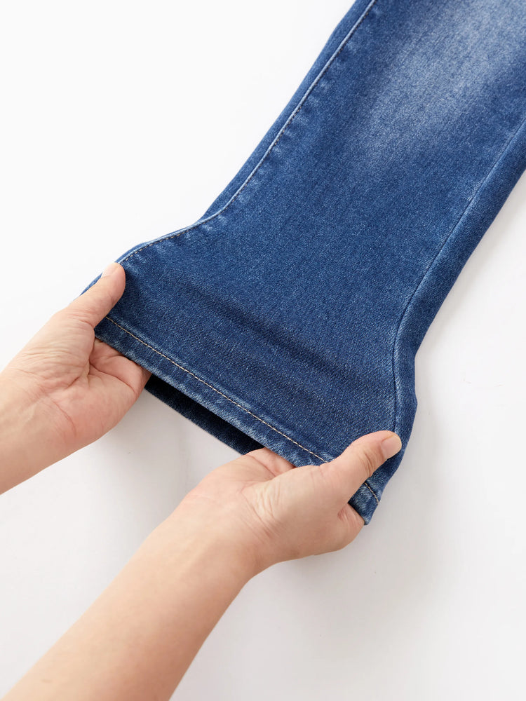 Jean en denim à taille élastique pour enfant, pantalon extensible et confortable au quotidien avec poches, bleu