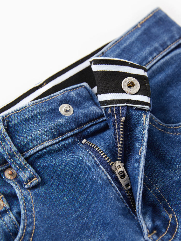Jean en denim à taille élastique pour enfant, pantalon extensible et confortable au quotidien avec poches, bleu