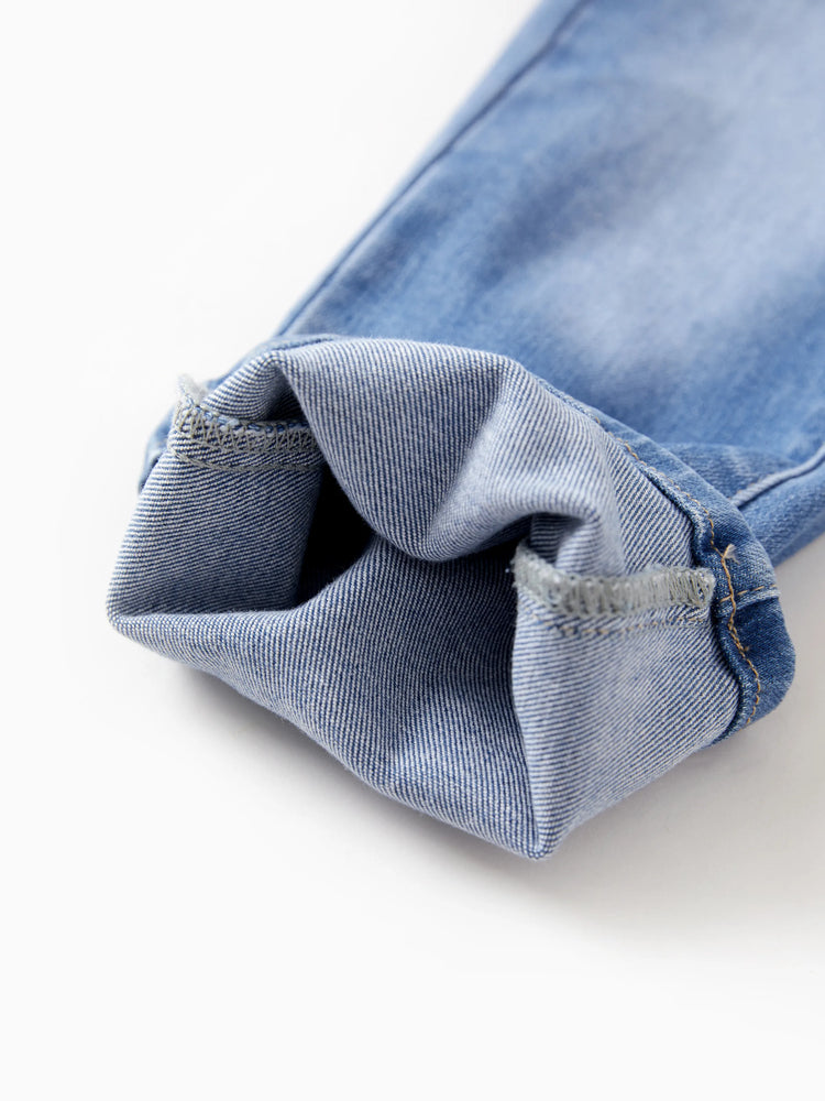 Jean en denim à taille élastique pour enfant, pantalon extensible et confortable avec poches, bleu clair