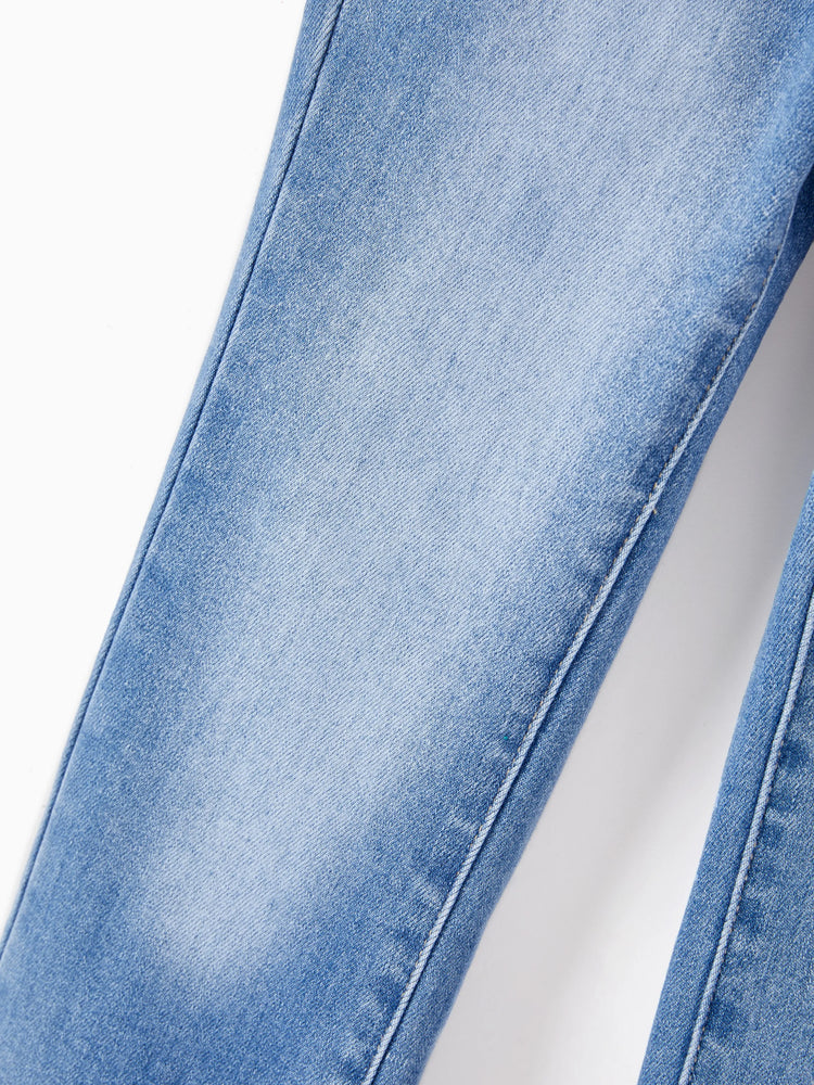 Jean en denim à taille élastique pour enfant, pantalon extensible et confortable avec poches, bleu clair