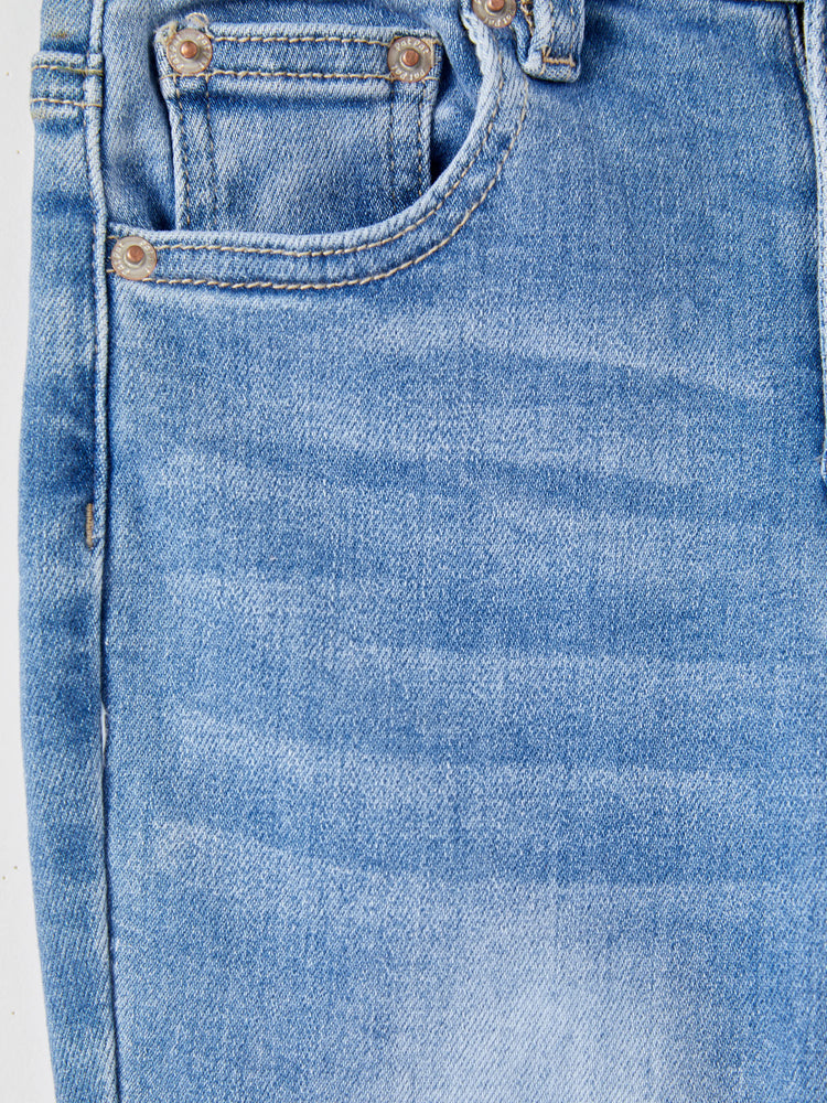Jean en denim à taille élastique pour enfant, pantalon extensible et confortable avec poches, bleu clair