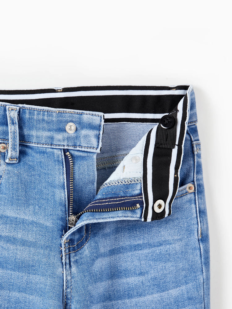 Jean en denim à taille élastique pour enfant, pantalon extensible et confortable avec poches, bleu clair